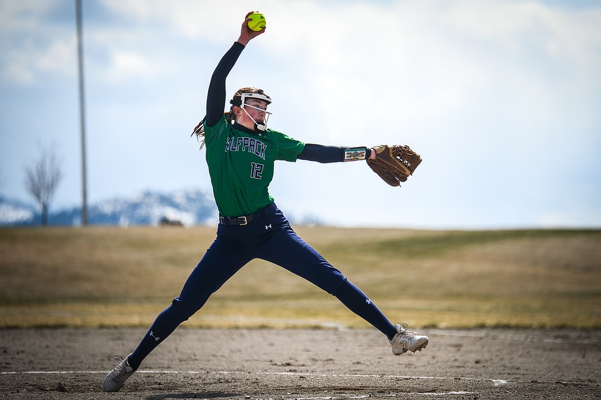 Glacier pitcher Ella Farrell (12) delivers in the first inning against Helena Capital at Glacier High School on Friday, April 15. (Casey Kreider/Daily Inter Lake)