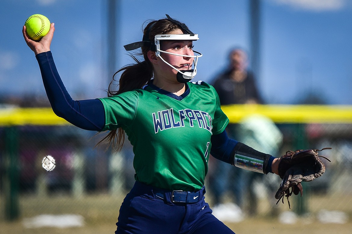 Glacier shortstop Sammie Labrum (1) fires across the diamond for an out in the fifth inning against Helena Capital at Glacier High School on Friday, April 15. (Casey Kreider/Daily Inter Lake)