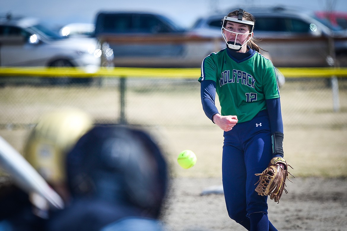 Glacier pitcher Ella Farrell (12) delivers in the first inning against Helena Capital at Glacier High School on Friday, April 15. (Casey Kreider/Daily Inter Lake)