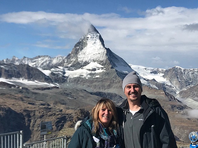 Lindsey Prumers and Ryan Villa pose in front of the Matterhorn in Zermatt, Switzerland.