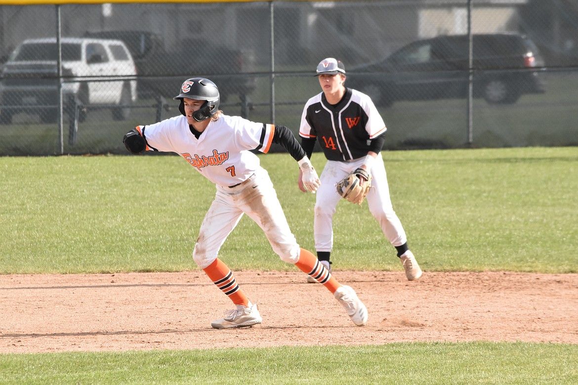 Ephrata High School senior Beau DeChenne (7) leads off from second base on April 14 in the matchup against West Valley (Spokane). DeChenne is one of the captains for the Tigers and plays center field for the team.