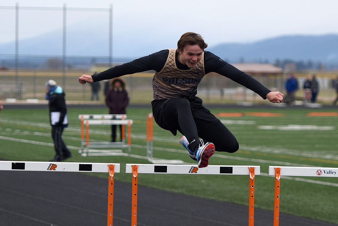 Polson's Jarrett Wilson won the 300 meter hurdles with a time of 44.56 at the Dilly Bar Invitational. (Scot Heisel/Lake County Leader)