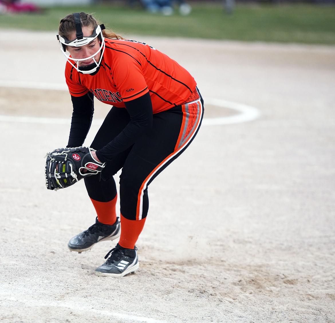 Ronan first baseman Haylie Webster heads to first after fielding a grounder against Polson. (Scot Heisel/Lake County Leader)