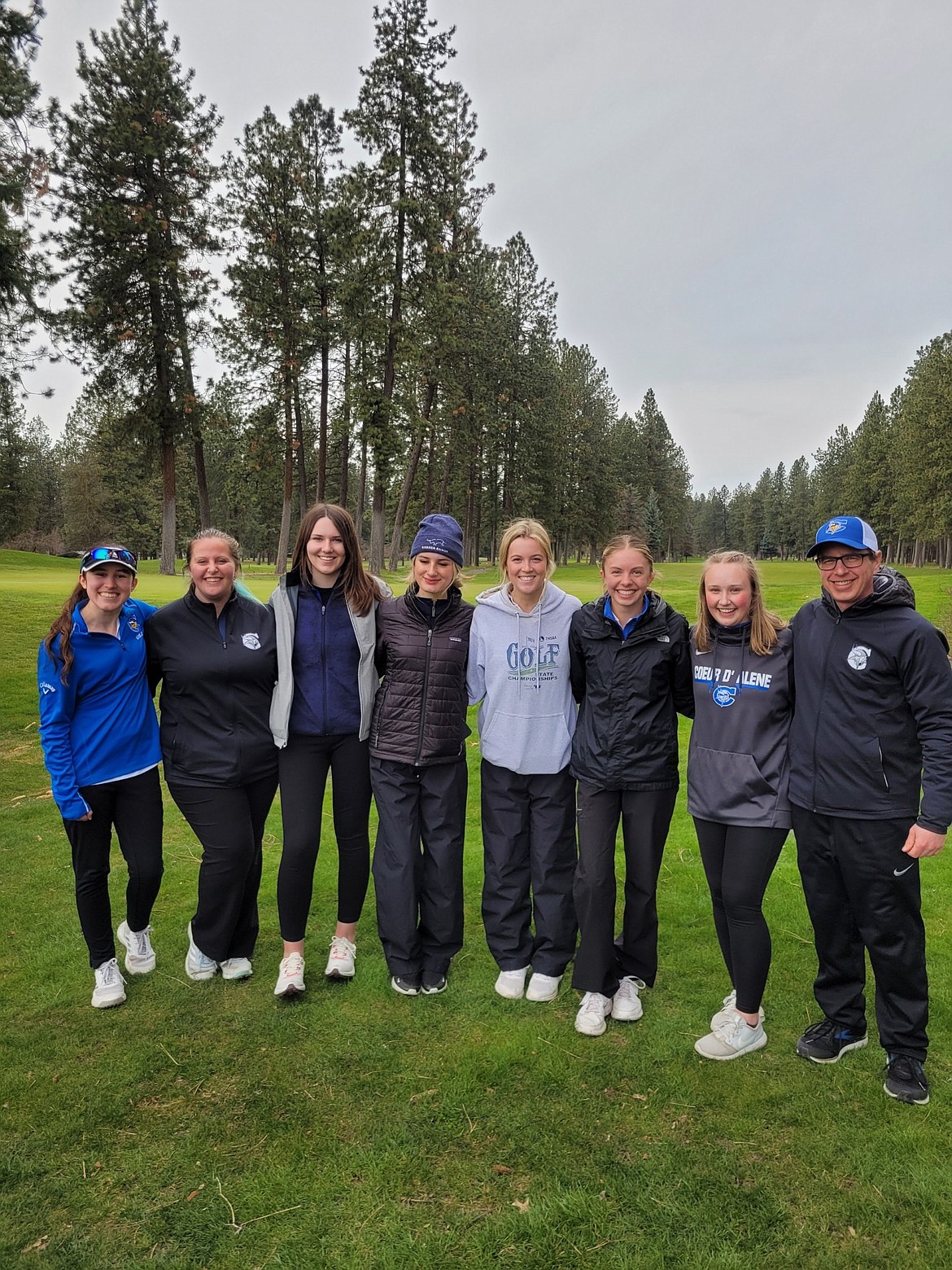 Courtesy photo
Coeur d'Alene's girls golf team finished second at the Lake City Invitational on Monday at the Coeur d'Alene Golf Club. From left are Hayden Crenshaw, Cass Lee, Payton Blood, Hailee Shirley, Taylor Potter, Paige Crabb, Brianna Priest and girls coach Jeff Lake.