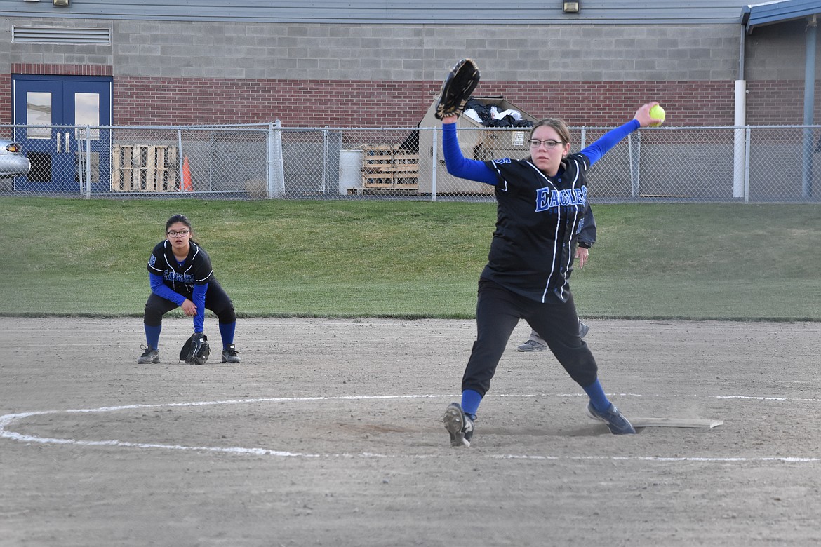 Soap Lake High School senior Claudia Bedolla pitches in the home match against Pateros on April 15.