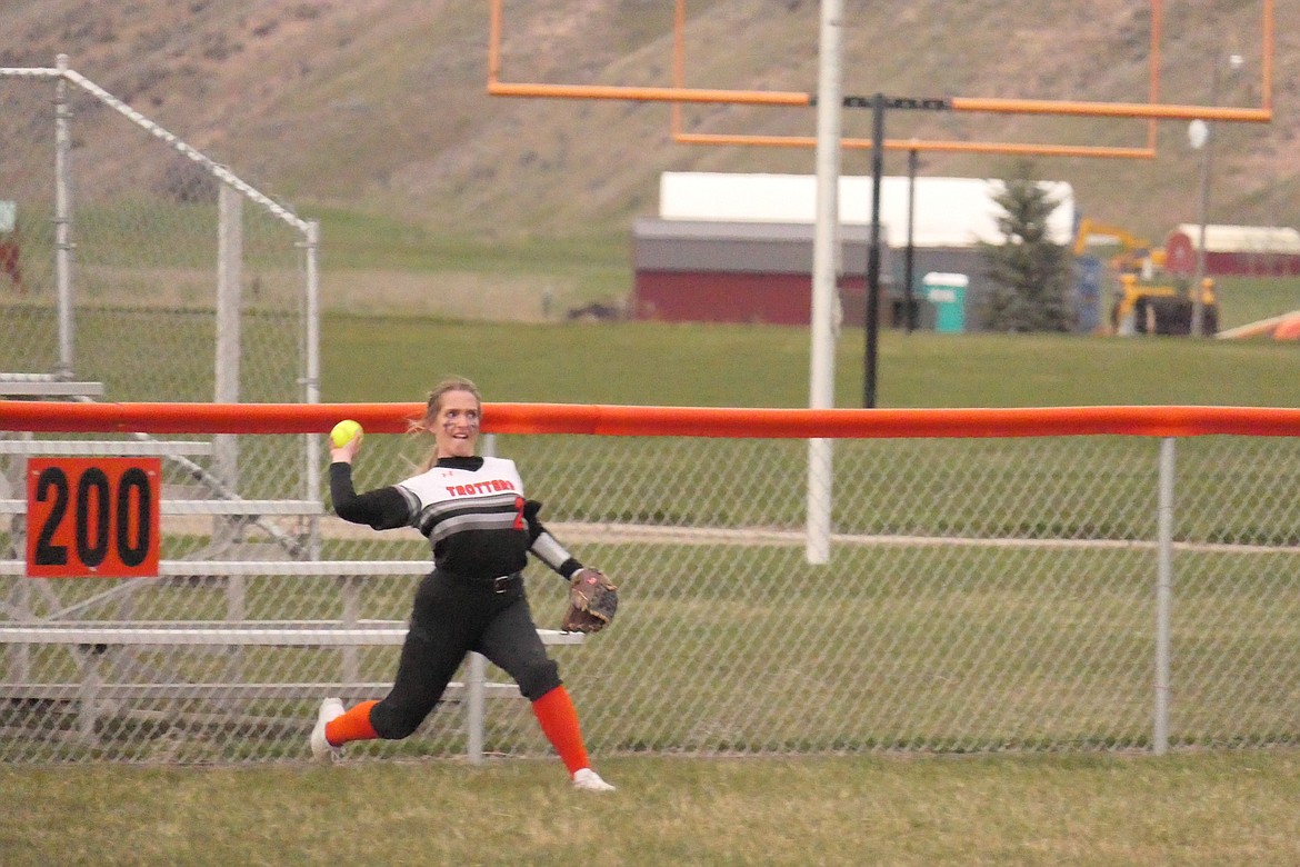 Plains outfielder Cassidy O'Keefe fires one from the fence toward home versus Mission this past week.  (Chuck Bandel/VP-MI)