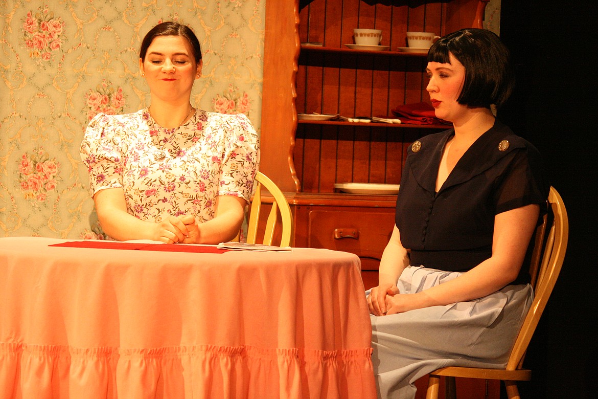 Pearl (Destiny Bunney, left) cheers up Catherine (Mistya Zaleski, right) with one of her infamous jokes in a scene from “These Shining Lives.”  While the play covers tragedies, it also has a dose of humor.