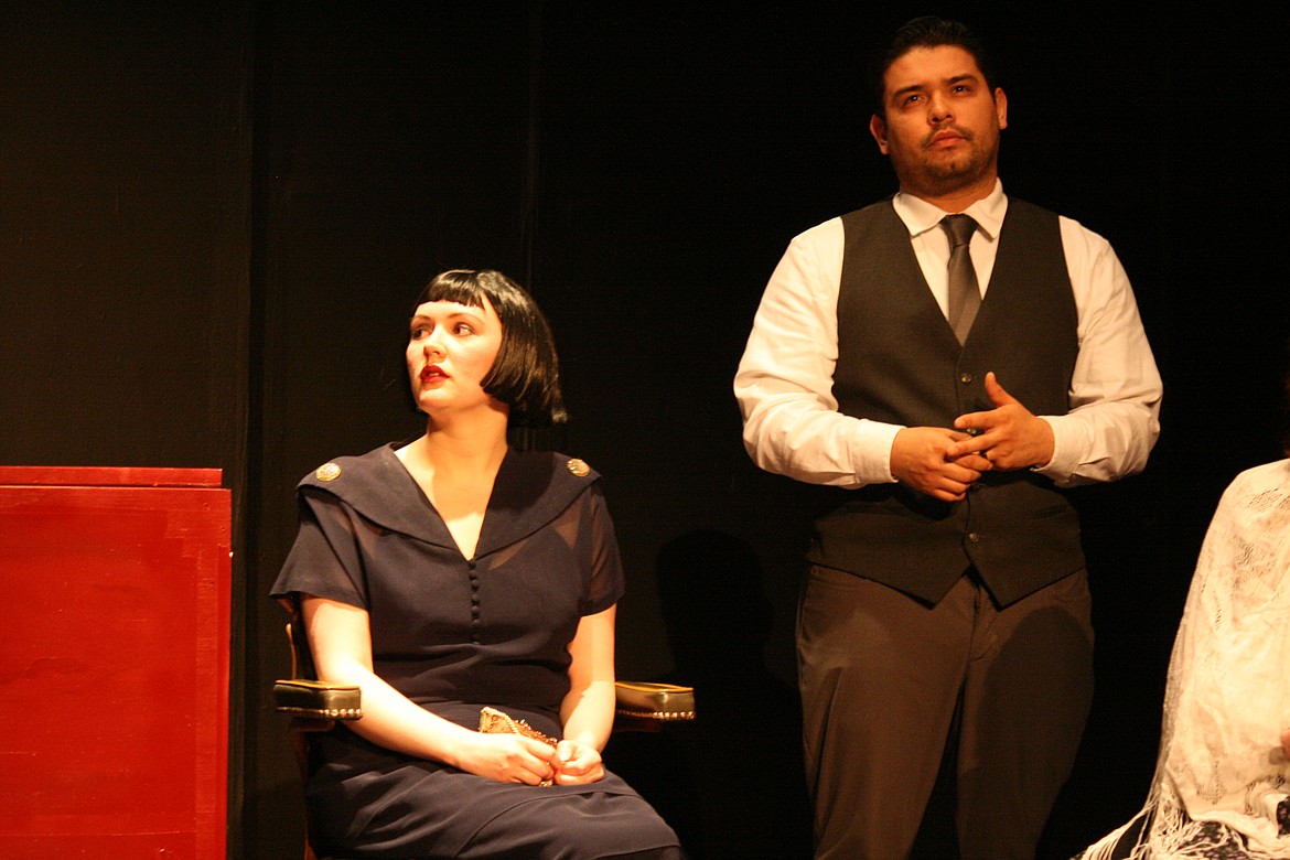 Catherine (Mistya Zaleski, left) tells her story to the court with the help of her attorney Leonard Grossman (Dino Gonzales, right) in the Masquers Theater production of “These Shining Lives.”