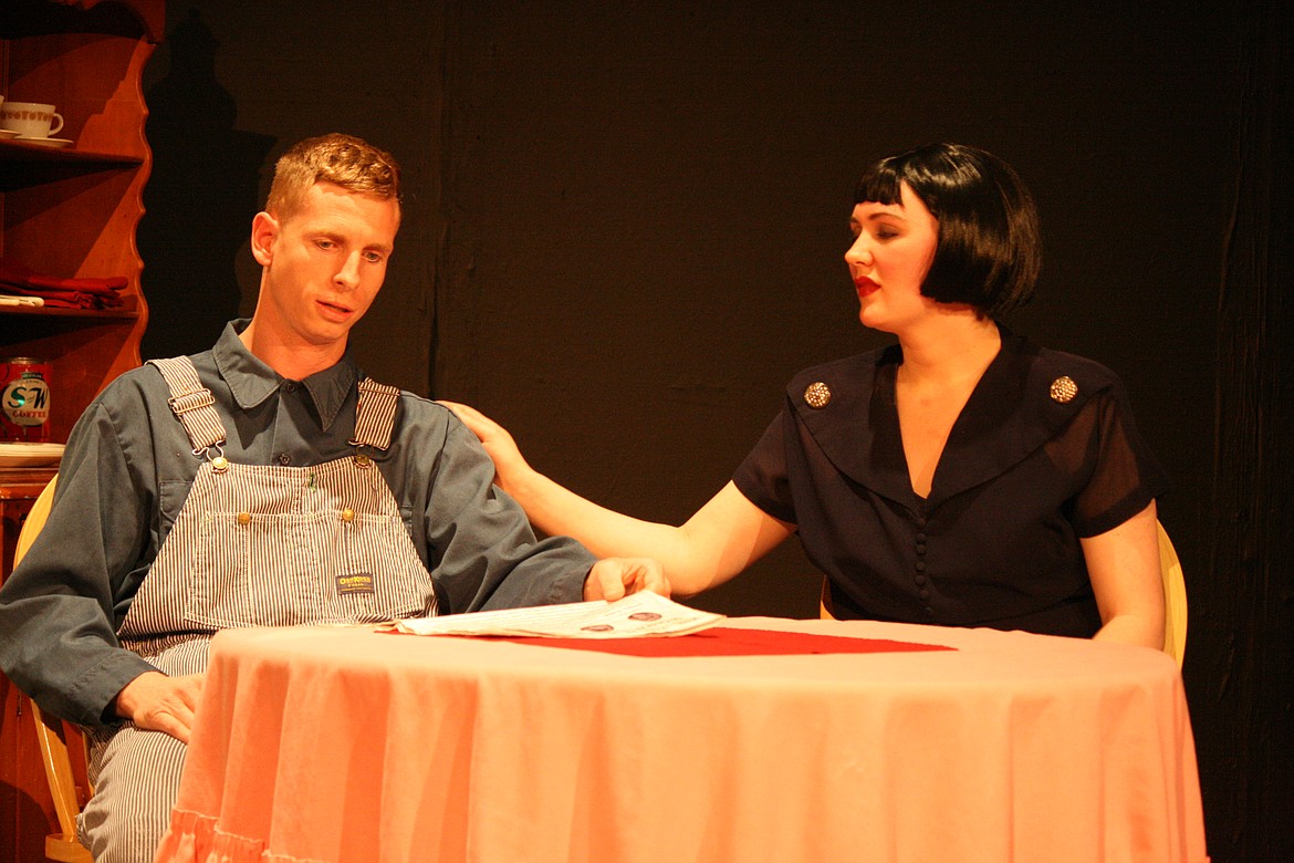 Catherine (Mistya Zaleski, right) comforts her husband Tom (CW Forrest, left) in the Masquers Theater production of “These Shining Lives.”