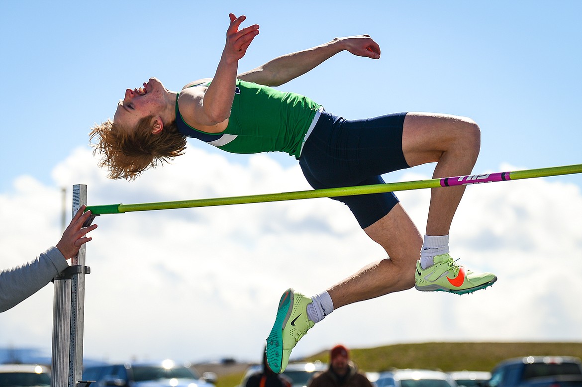 Glacier's Tate Kauffman clears 5'6" in the high jump during a crosstown track and field meet at Glacier High School on Tuesday, April 19. (Casey Kreider/Daily Inter Lake)