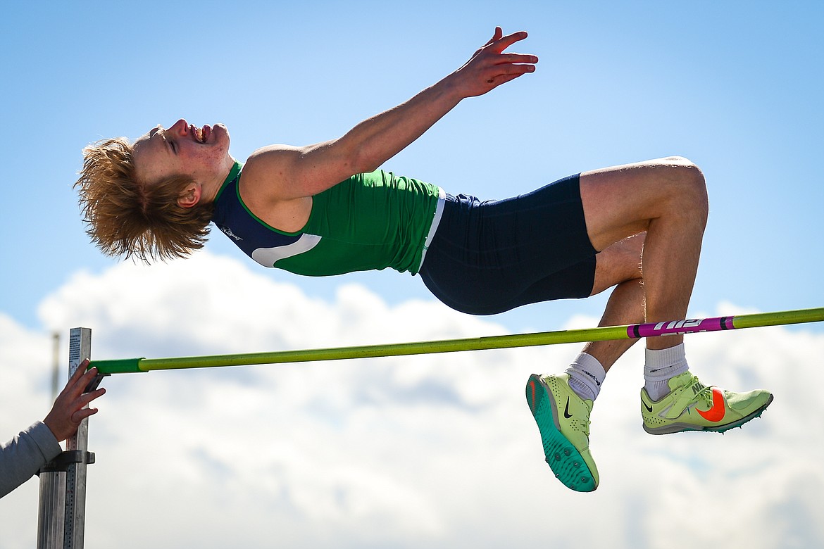 Glacier's Tate Kauffman clears 5'6" in the high jump during a crosstown track and field meet at Glacier High School on Tuesday, April 19. (Casey Kreider/Daily Inter Lake)