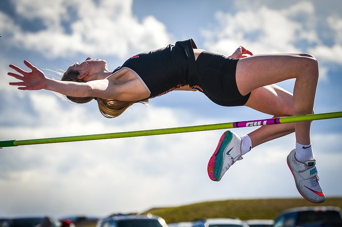 Flathead's Kennedy Moore clears 4'6" in the high jump during a crosstown track and field meet at Glacier High School on Tuesday, April 19. (Casey Kreider/Daily Inter Lake)