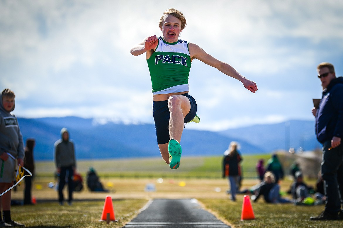 Glacier's Tate Kauffman heads down the runway on a jump measured at 44 feet 7 inches in the triple jump during a crosstown track and field meet at Glacier High School on Tuesday, April 19. (Casey Kreider/Daily Inter Lake)