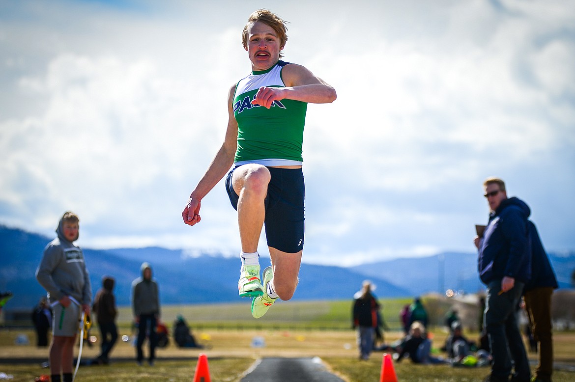 Glacier's Tate Kauffman heads down the runway on a jump measured at 44 feet 7 inches in the triple jump during a crosstown track and field meet at Glacier High School on Tuesday, April 19. (Casey Kreider/Daily Inter Lake)