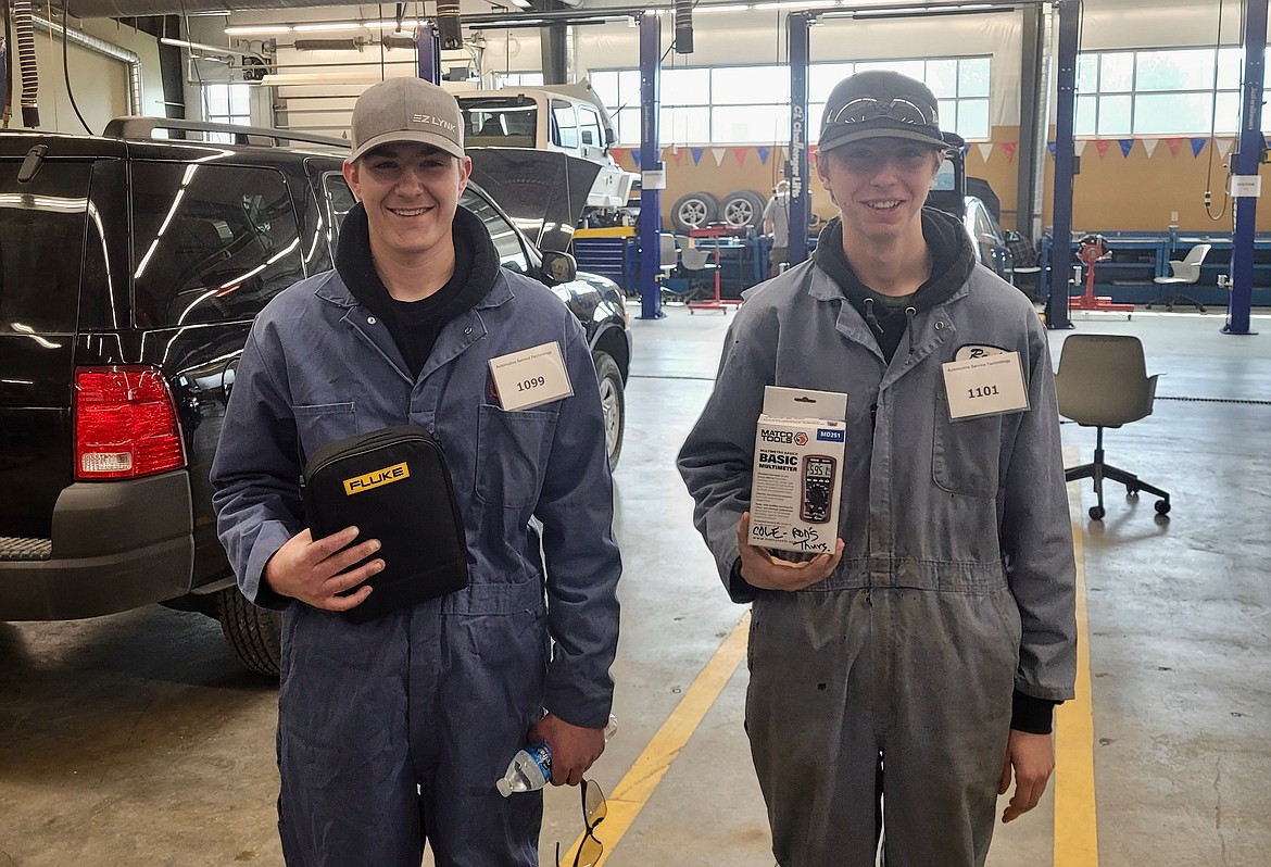 Flathead High School automotive students Mason Dall and Cole Masa placed second and third respectively in the Automotive Service Technology competition category at the SkillsUSA state leadership conference held April 7-9 in Helena. The pair received medals and were awarded SnapOn tools, scholarships and an invitation to the Montana Auto Dealers Association banquet in June. (Photo provided by Rob Hunter)