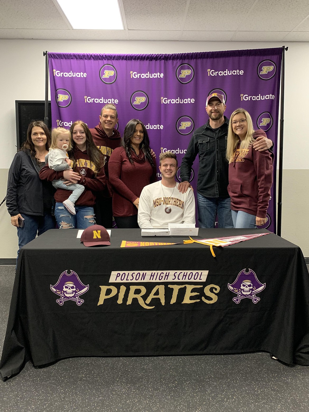 Kaden Nelson's family was on hand when he signed his letter of intent Monday morning at Polson High School. (Courtesy photo)
