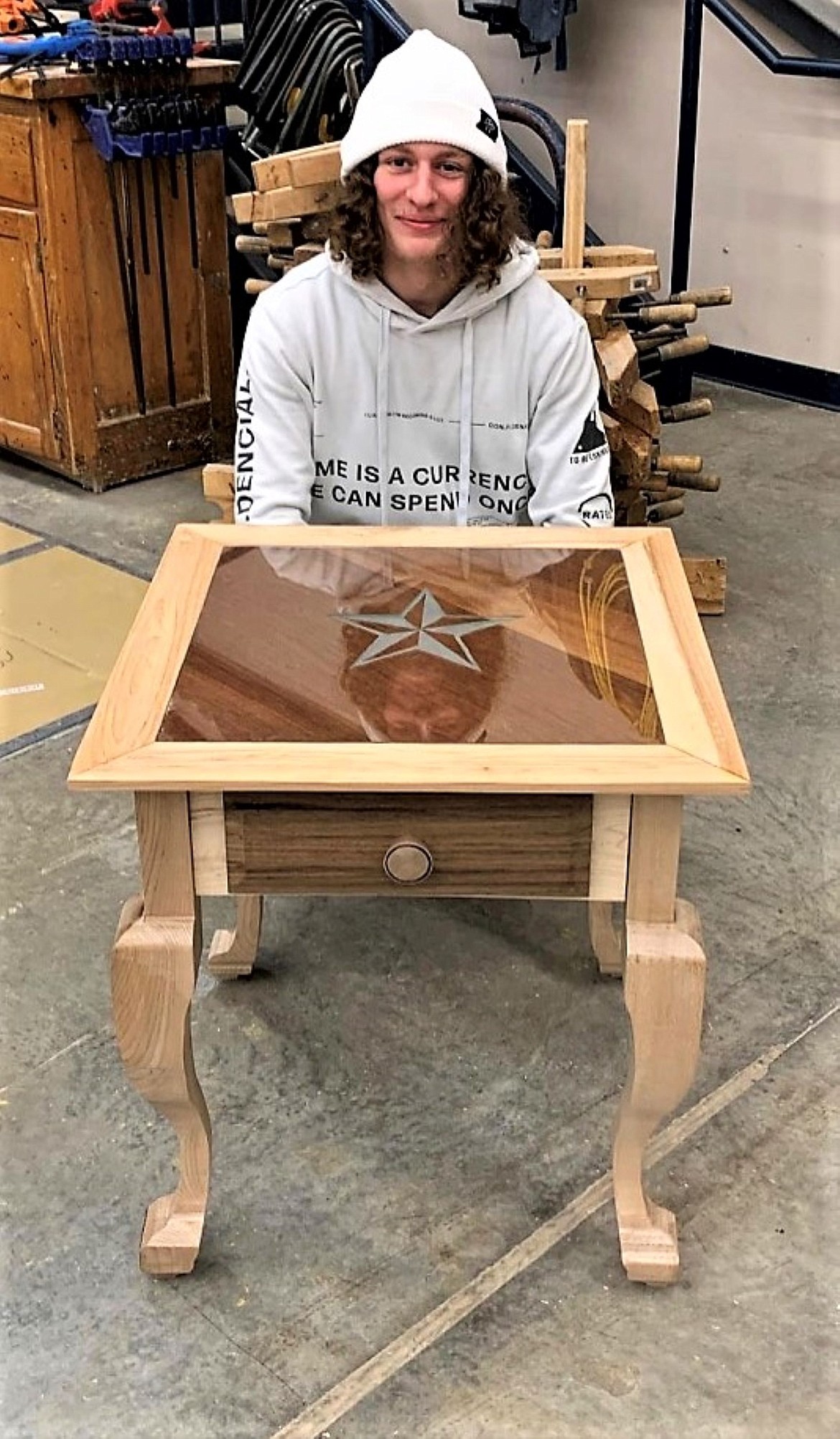 Kaden Brewer built bold legs and star glass etching to make his table stand out.