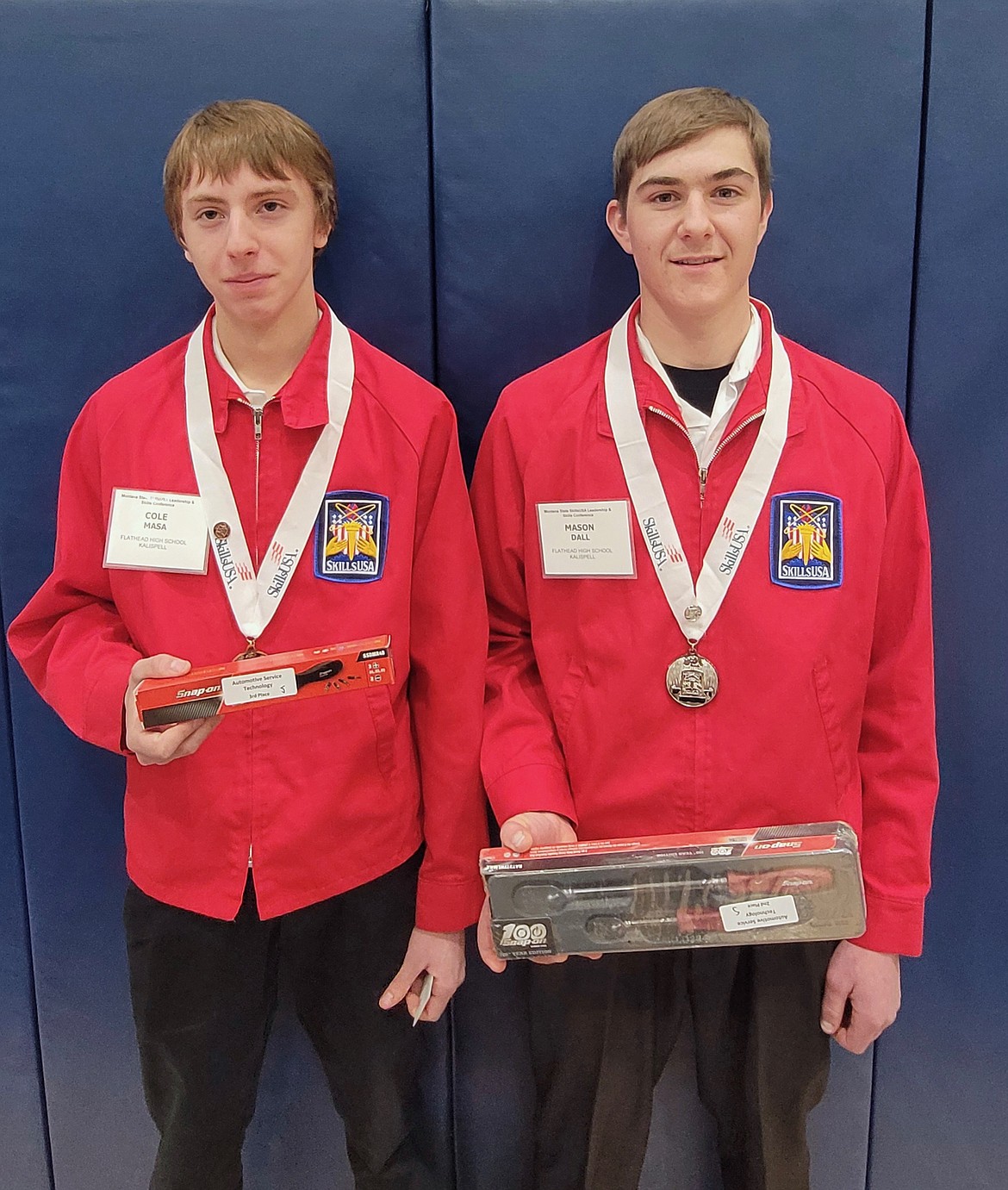 Flathead High School automotive students Cole Masa received a bronze medal and Mason Dall, a silver medal, in the Automotive Service Technology competition category at the SkillsUSA Montana Leadership and Skills Conference held April 7-9 in Helena. The pair won SnapOn tools, scholarships and an invitation to the Montana Auto Dealers Association banquet in June. (Photo provided by Rob Hunter)