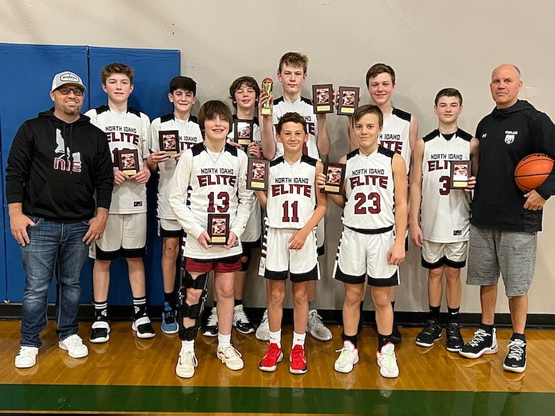 Courtesy photo
The North Idaho Elite seventh-grade boys basketball team went 4-0 in the Inland Empire Championships at the Warehouse in Spokane on April 15-16. NIE defeated Inland Elite 60-52 in the championship. In the front row from left are Ben McElvany, Brett Johnson and Maddox Lindquist; and back row from left, coach Mike Lindquist, Payton Hinthorne, Wyatt Carr, Ryan Salsbury, Jordan Carlson, Marek Parson, Britton Johnston and coach Royce Johnston.