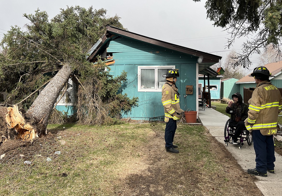 The Whitefish Fire Department responds to a call from Pippi Robben and Kolby Zugg after a nearly 100-foot tall pine tree fell on their house on Lupfer Avenue in Whitefish Tuesday evening. (Photo courtesy of Brian Schott)