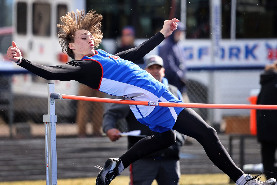 Bigfork’s Levi Peterson clears the bar in the high jump at the Bigfork Invitational on Tuesday, April 19. Taylor jumped 5-foot-4 and finished seventh in the event. (Jeremy Weber/Daily Inter Lake)