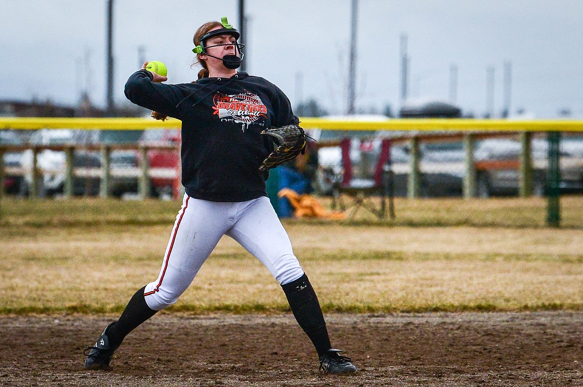 Flathead shortstop Kaidyn Lake (5) fires to first base for an out in the second inning against Glacier at Glacier High School on Thursday, April 21. (Casey Kreider/Daily Inter Lake)