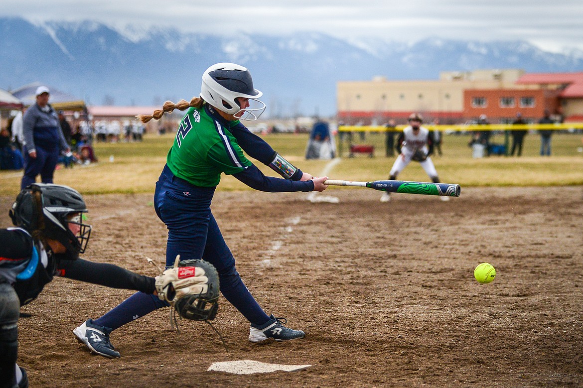 Glacier's Kenadie Goudette (2) connects on a single against Flathead at Glacier High School on Thursday, April 21. (Casey Kreider/Daily Inter Lake)