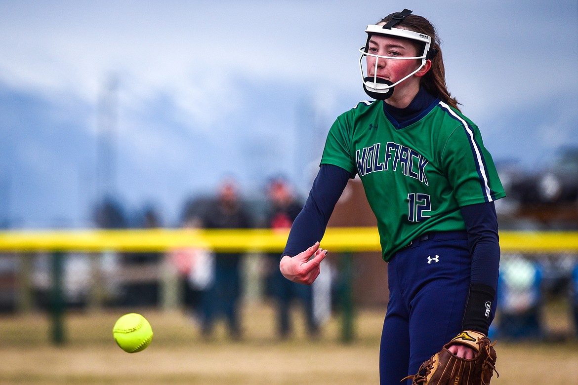 Glacier pitcher Ella Farrell (12) delivers to a Flathead batter in the second inning at Glacier High School on Thursday, April 21. (Casey Kreider/Daily Inter Lake)