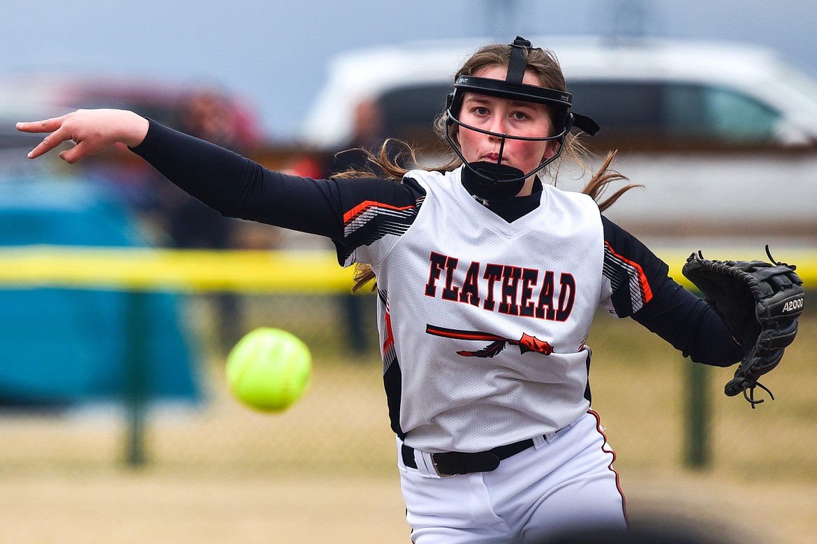 Flathead pitcher Ava Bessen (6) delivers to a Glacier batter in the first inning at Glacier High School on Thursday, April 21. (Casey Kreider/Daily Inter Lake)