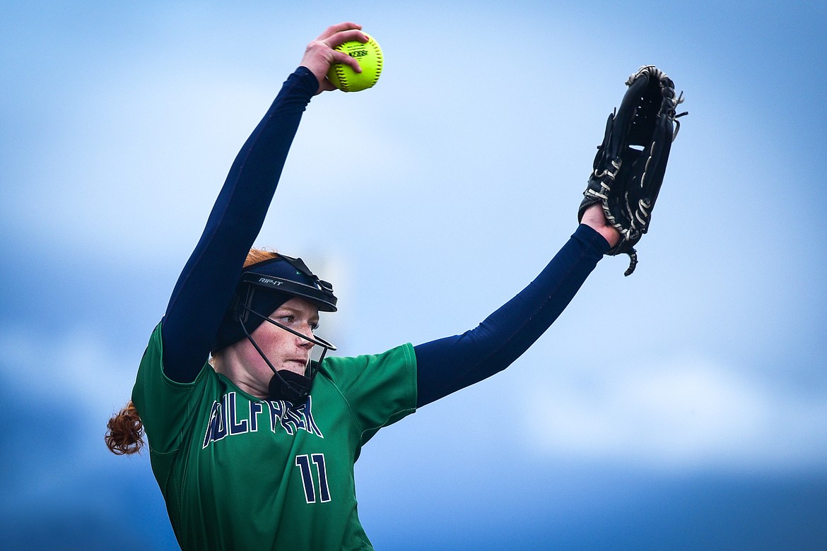 Glacier starting pitcher Alli Kernan (11) delivers to a Flathead batter in the first inning at Glacier High School on Thursday, April 21. (Casey Kreider/Daily Inter Lake)