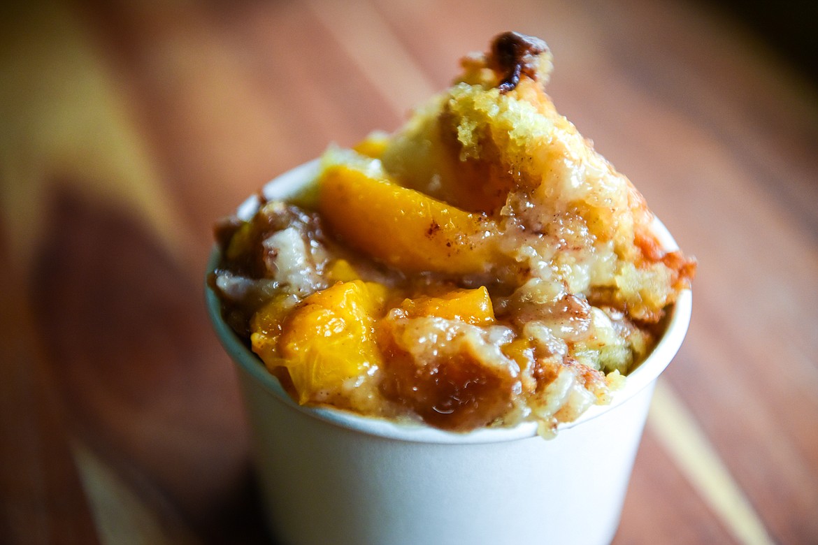 Gluten-free peach cobbler from Arn's BBQ in Kalispell on Wednesday, April 20. (Casey Kreider/Daily Inter Lake)