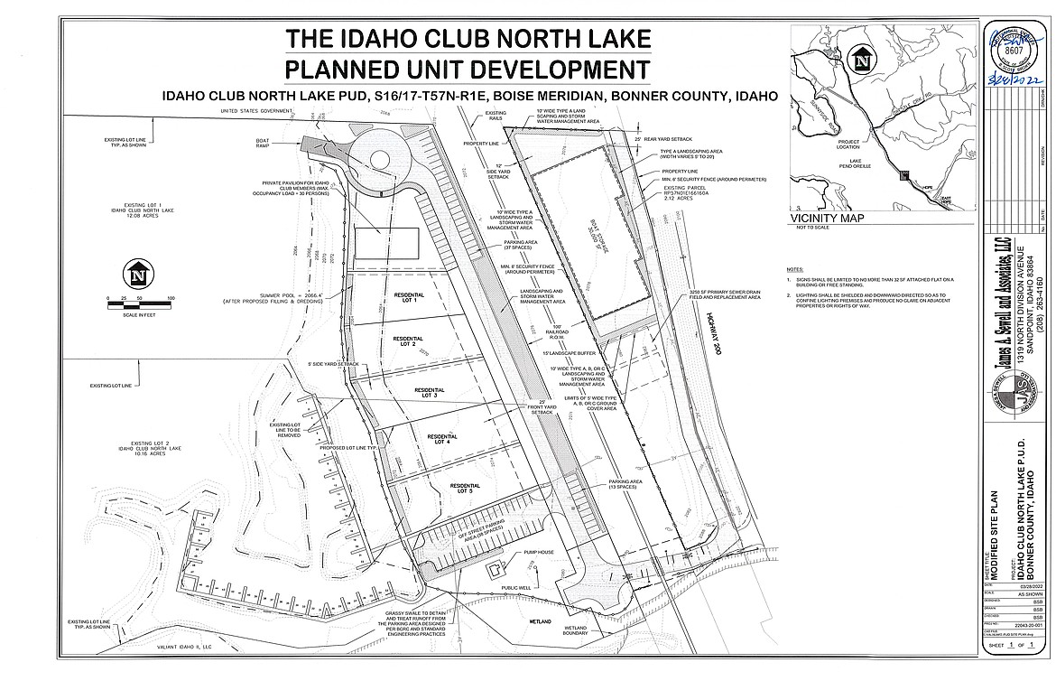 A modified site plan for the Idaho Club North Lake planned unit development near Trestle Creek which features a variety of uses, the most notable of which including five luxury homes, 124 boat-slips, and boat storage facilities.