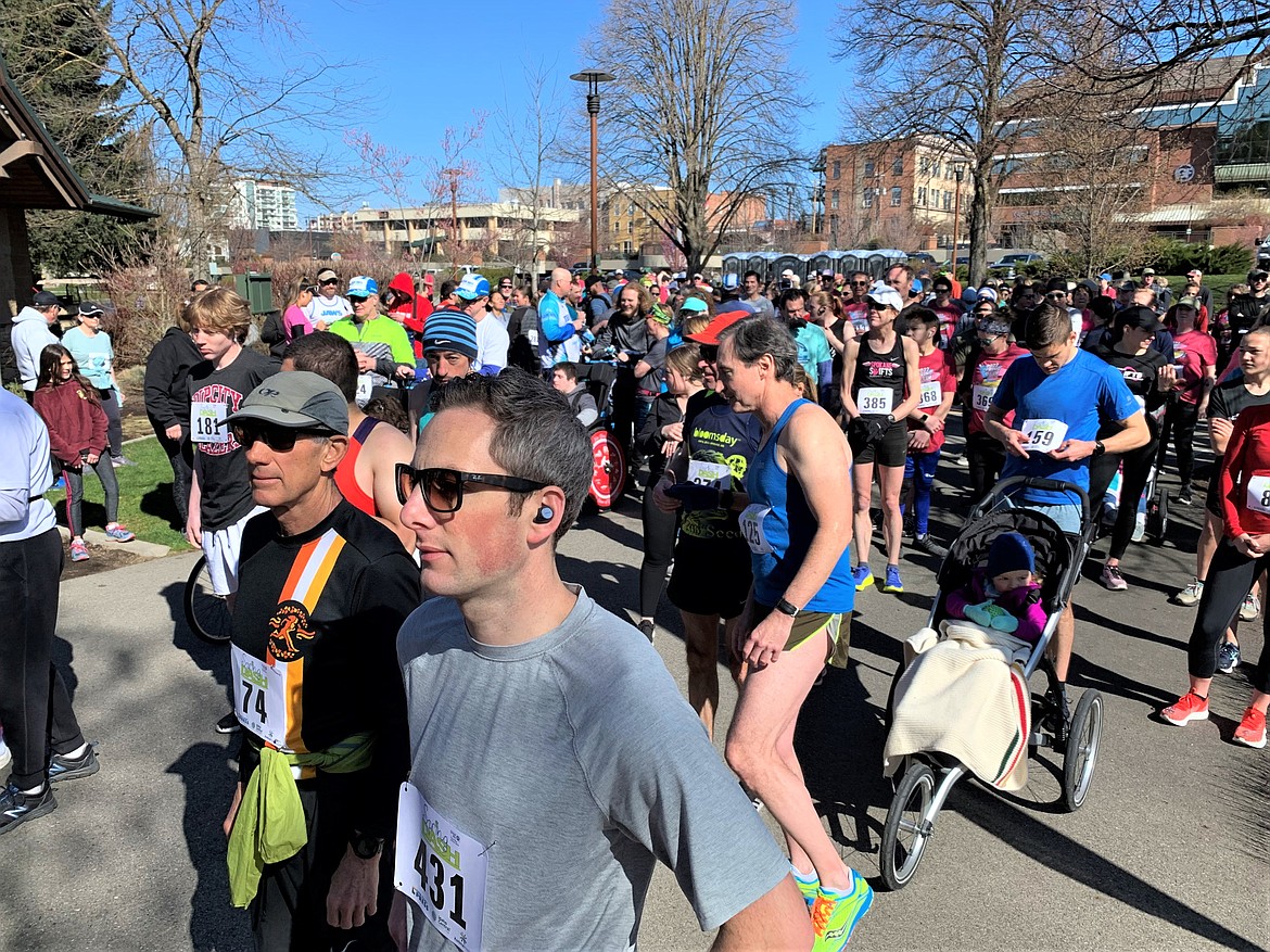 Runners wait for the start of the 40th annual Spring Dash on Saturday at McEuen Park.