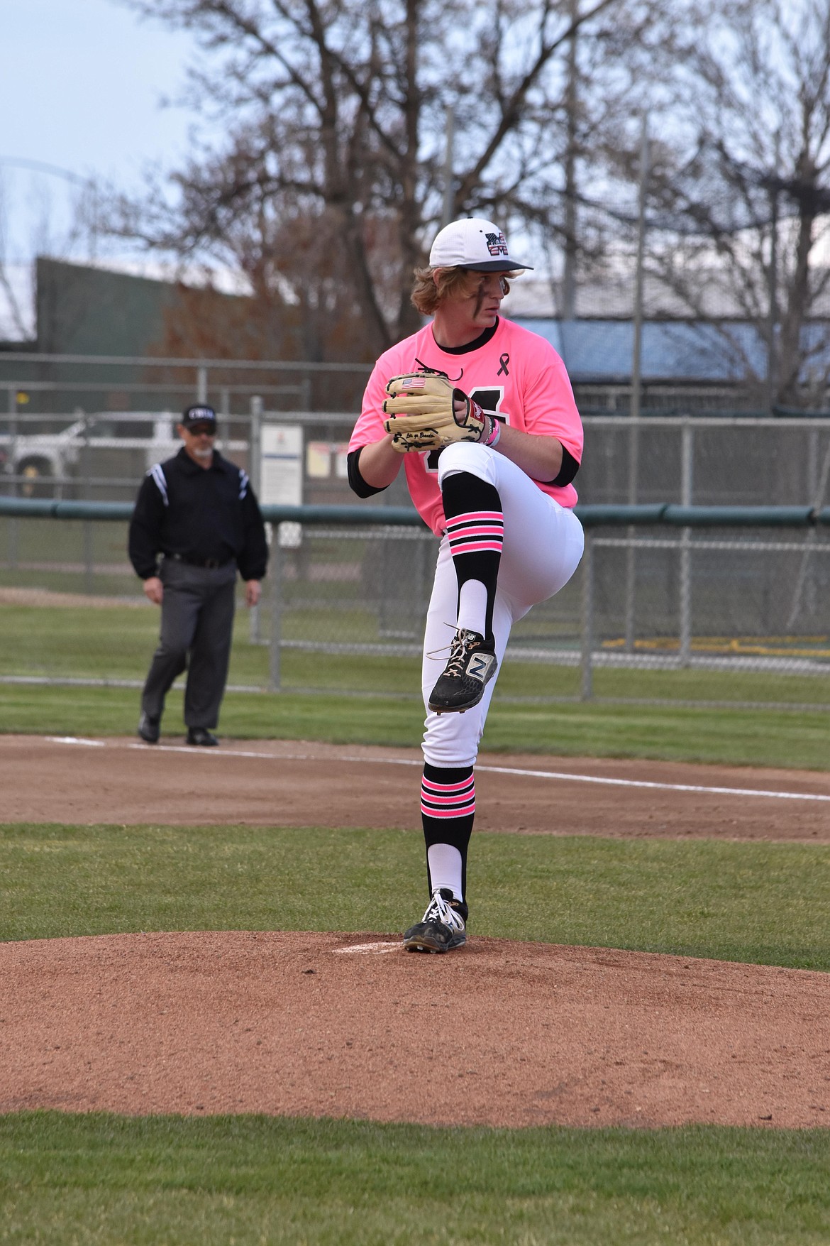 Moses Lake High School junior Michael Getzinger (28) pitched the first half of the game against Wenatchee High School on April 22. The team won that game in part thanks to Getzinger’s performance on the mound.