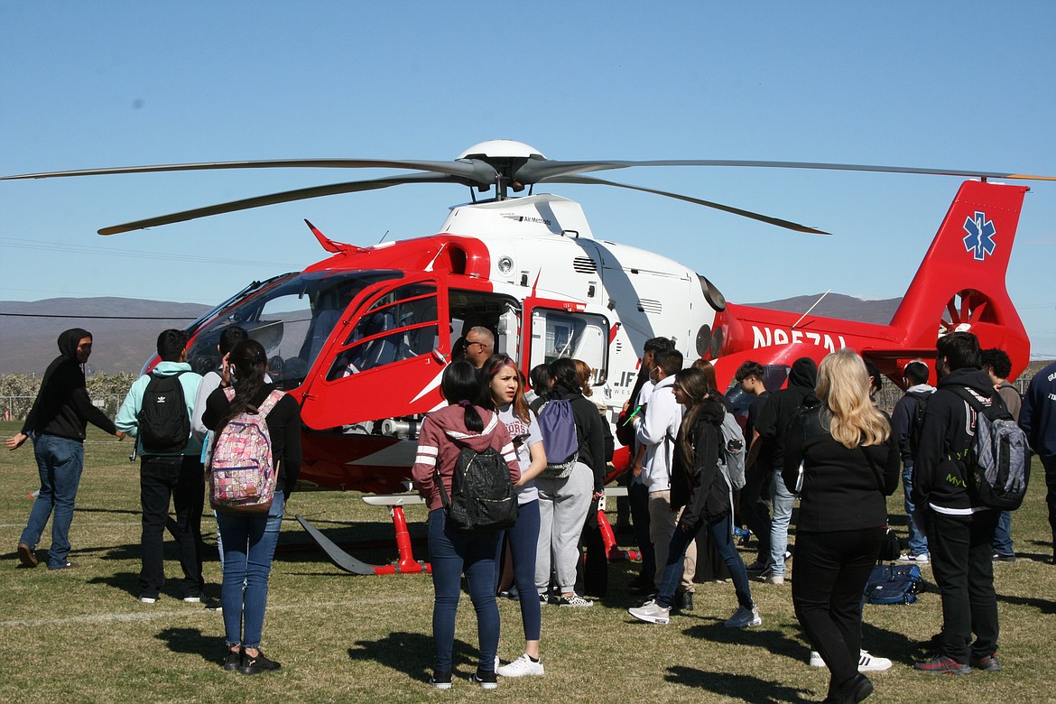 The air ambulance displayed during the Outdoor Career Fair at Wahluke High School Friday drew a crowd of interested students.