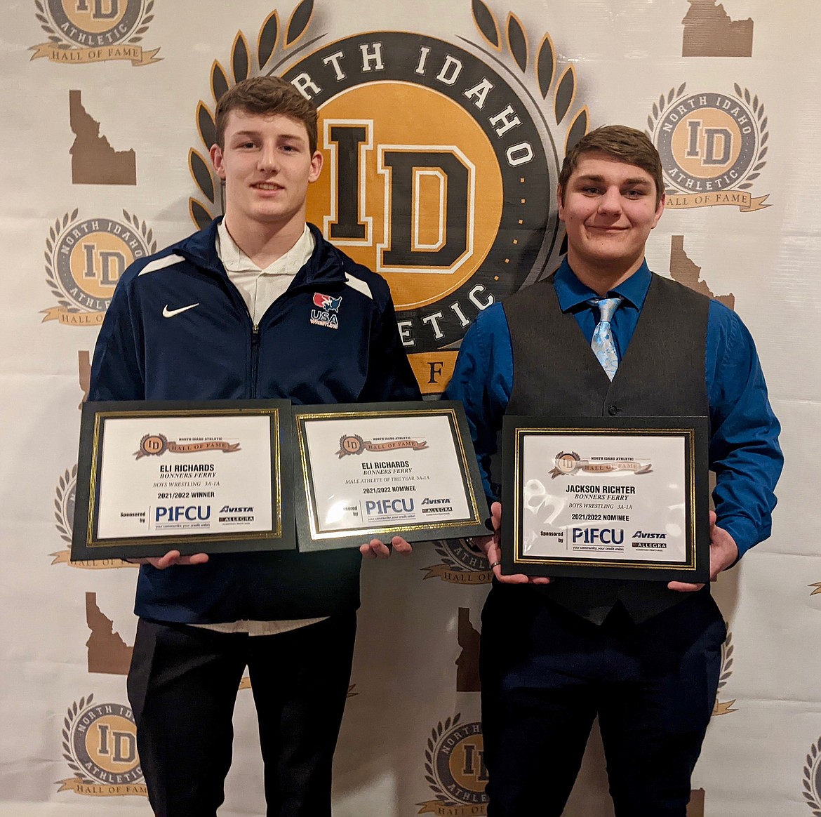 (left to right) Eli Richards and Jackson Rickter receive honors from the North Idaho Hall of Fame. Richards was nominated for best Male Athlete of the Year and North Idaho’s 2021-2022 High School Wrestling Athlete of the Year. Rickter was also nominated for best Wrestling Athlete of the Year.