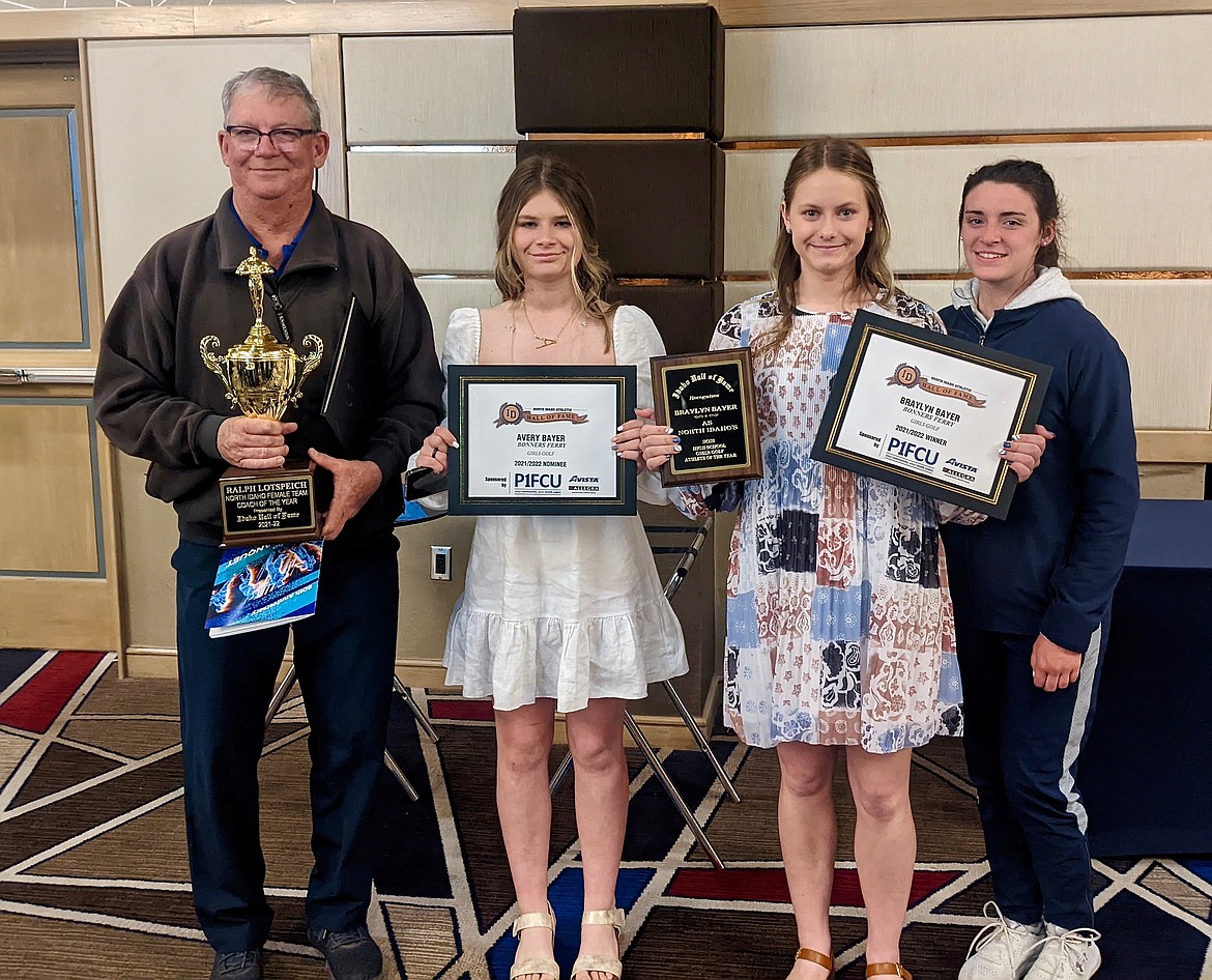 (left to right) Ralph Lotspeich, Badger golf coach, was named North Idaho’s 2021-2022 Girls Coach of the Year. Girls gold members Avery Bayer, Braylyn Bayer and Mia Blackmore. Girls golf team and individual players racked up nominations at the North Idaho Hall of Fame banquet.