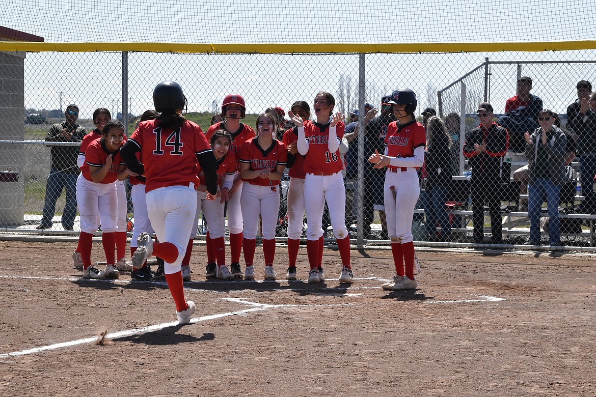 Othello’s Emi Pruneda hit one out of the park to score a homerun for the Huskies at the top of the fourth inning against Moses Lake on April 23.