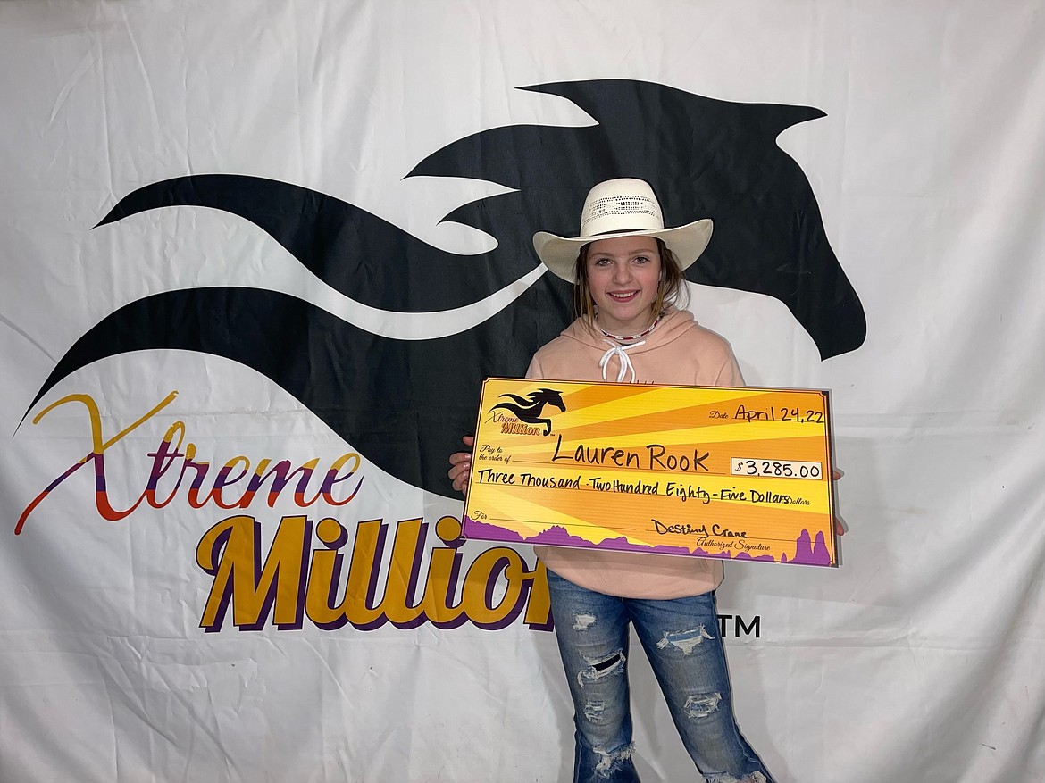 Courtesy photo
Lauren Rook, 13, of Hayden, won $3,285 on her horse Tucker at the Sanctuary Barrel Races/Xtreme Mini-Million Barrel Races this past weekend in Redmond, Ore. She was competing in the open division, which included some 450 horses. Lauren, an eighth-grader at Canfield Middle School, qualified for the Xtreme Million Dollar race in Salina, Utah, in June.
