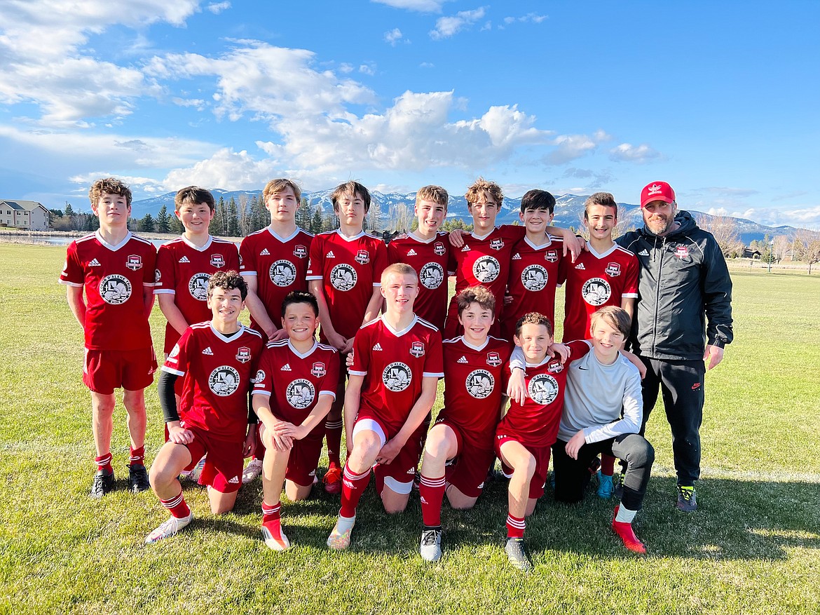 Courtesy photo
Timbers North FC 08 Boys Red soccer team traveled to Whitefish, Mont., last weekend. In their first game the Timbers beat HYSA 08 Boys 5-0. Jaxon Fantozzi had a goal and an assist. Preston Samayoa, Reilly Smith, Isaac Lowder and Brett Johnson each had a goal. Wyatt Carr had an assist. In their second game the Timbers won 3-0 over FVU 08. Preston Samayoa had a goal and an assist. Reese Crawford and Jaxon Fantozzi each had a goal. Drake Flowers and Reilly Smith each had an assist. Orion Burns was in goal for both games. In the front row from left are Preston Samayoa, Joshua Rojo, Caden Oxenrider, Drake Flowers, Brett Johnson and Orion Burns; and back row from left, Parker Sterling, Charlie Dircksen, Bear Coleman, Isaac Lowder, Reilly Smith, Reese Crawford, Wyatt Carr, Jaxon Fantozzi and coach Nick Funkhouser.