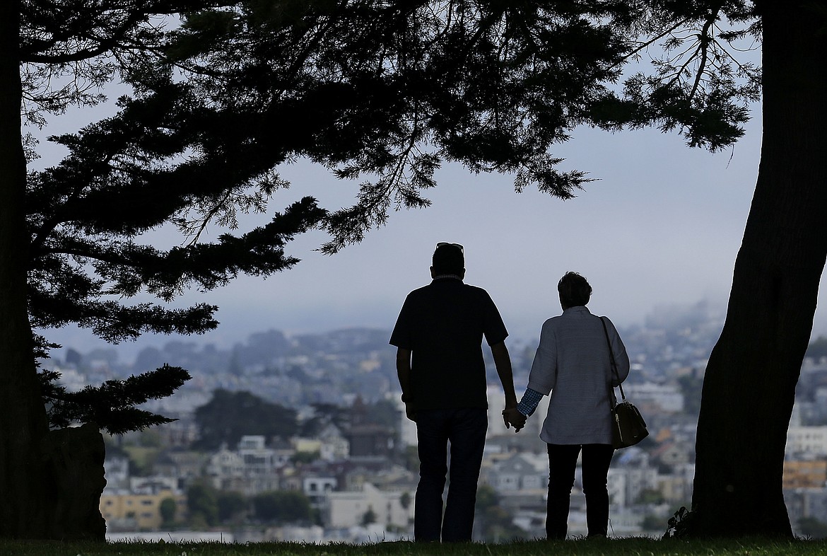 A man and woman walk under trees down a path at Alta Plaza Park in San Francisco. People in the final stretches of their working years feel less prepared to successfully age in their own homes than those who are 65 and older and already likely to have shifted into their retirement years. That age gap is among the key findings of The Associated Press-NORC Center for Public Affairs poll. (AP Photo/Jeff Chiu, File)