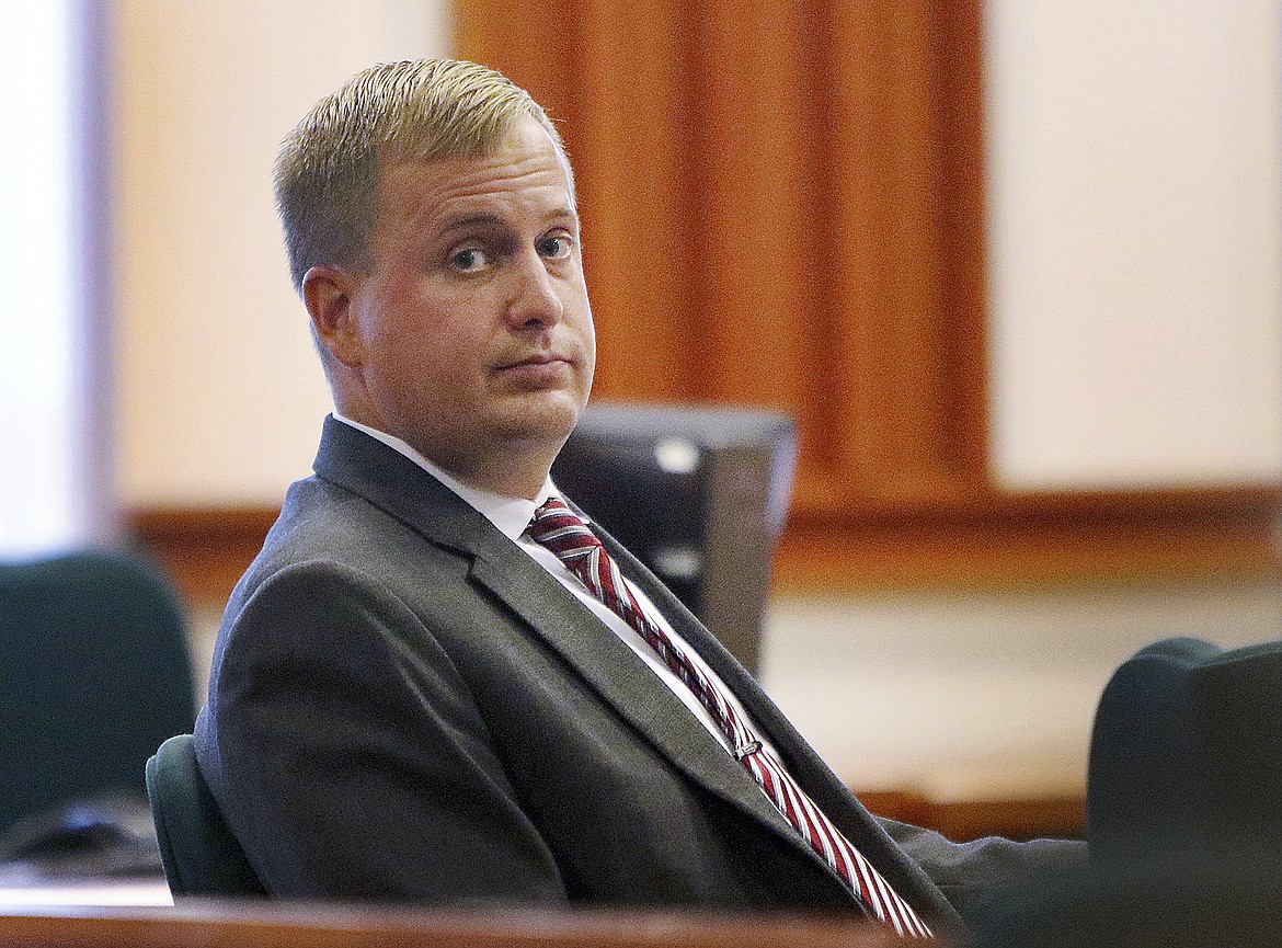 Former Idaho state Rep. Aaron von Ehlinger glances toward the gallery during the second day of testimony in his rape trial at the Ada County Courthouse, Wednesday, April 27, in Boise.