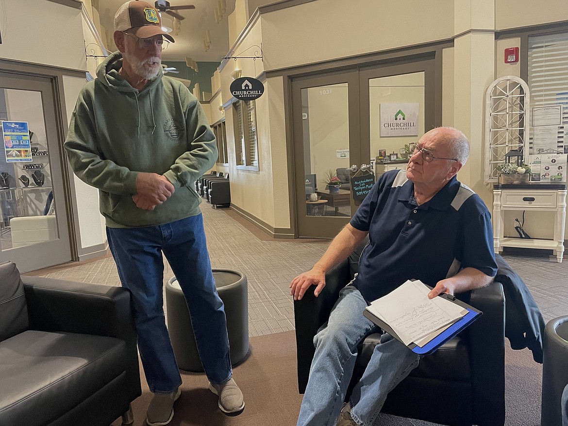 Moses Lake resident Steve Czimbal (standing) speaks with Mayor Dean Hankins toward the end of a 90-minute-long “Meet the Mayor” conversation in the Smith-Martin Building in downtown Moses Lake on Thursday. The public conversation is the first of what Hankins hopes will be many he will hold with the public.