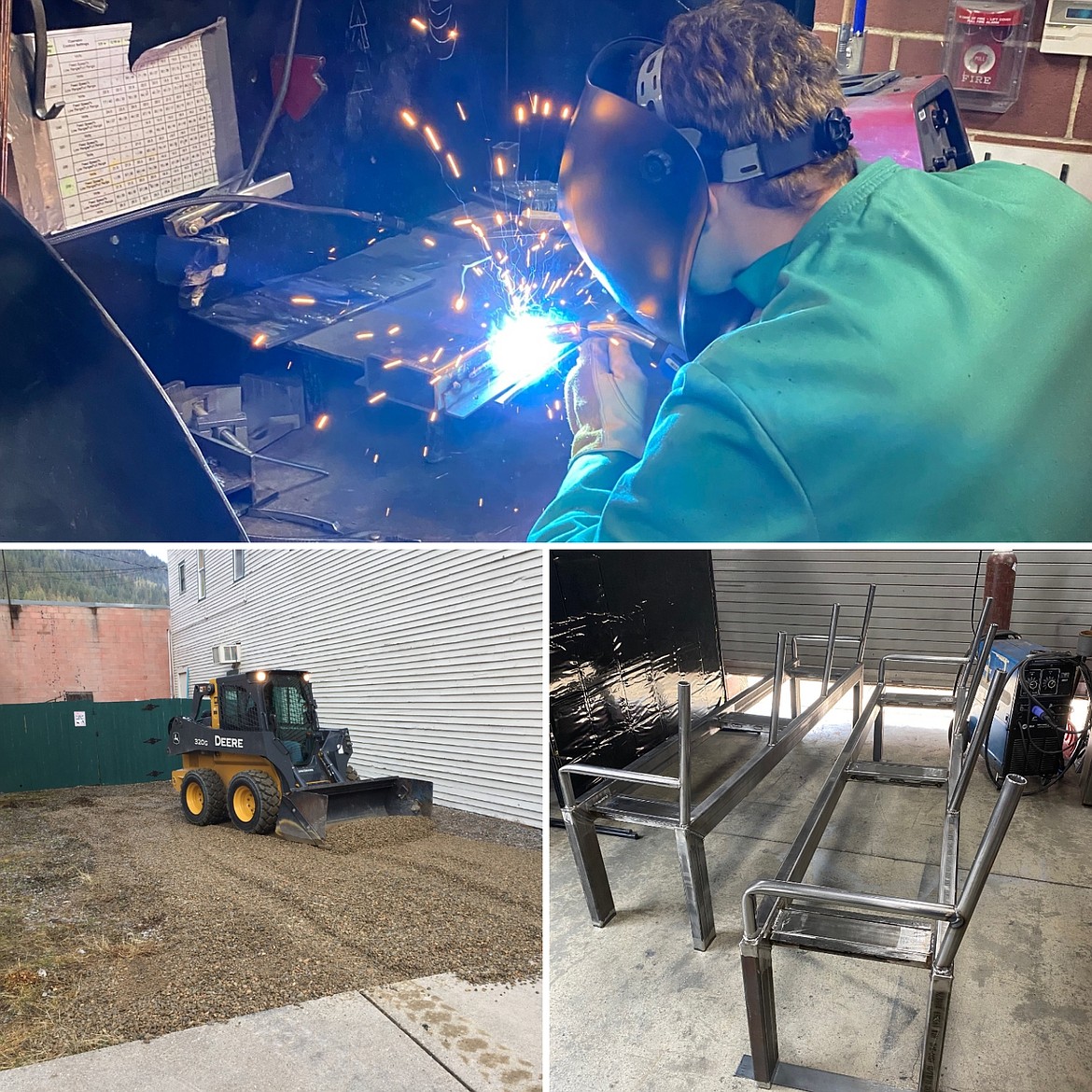 TOP: WHS Advanced Woods and Metals student working on the bench. BOTTOM LEFT: The bare Sixth Street Park lot. BOTTOM RIGHT: The benches that will eventually be placed at Sixth Street Park.