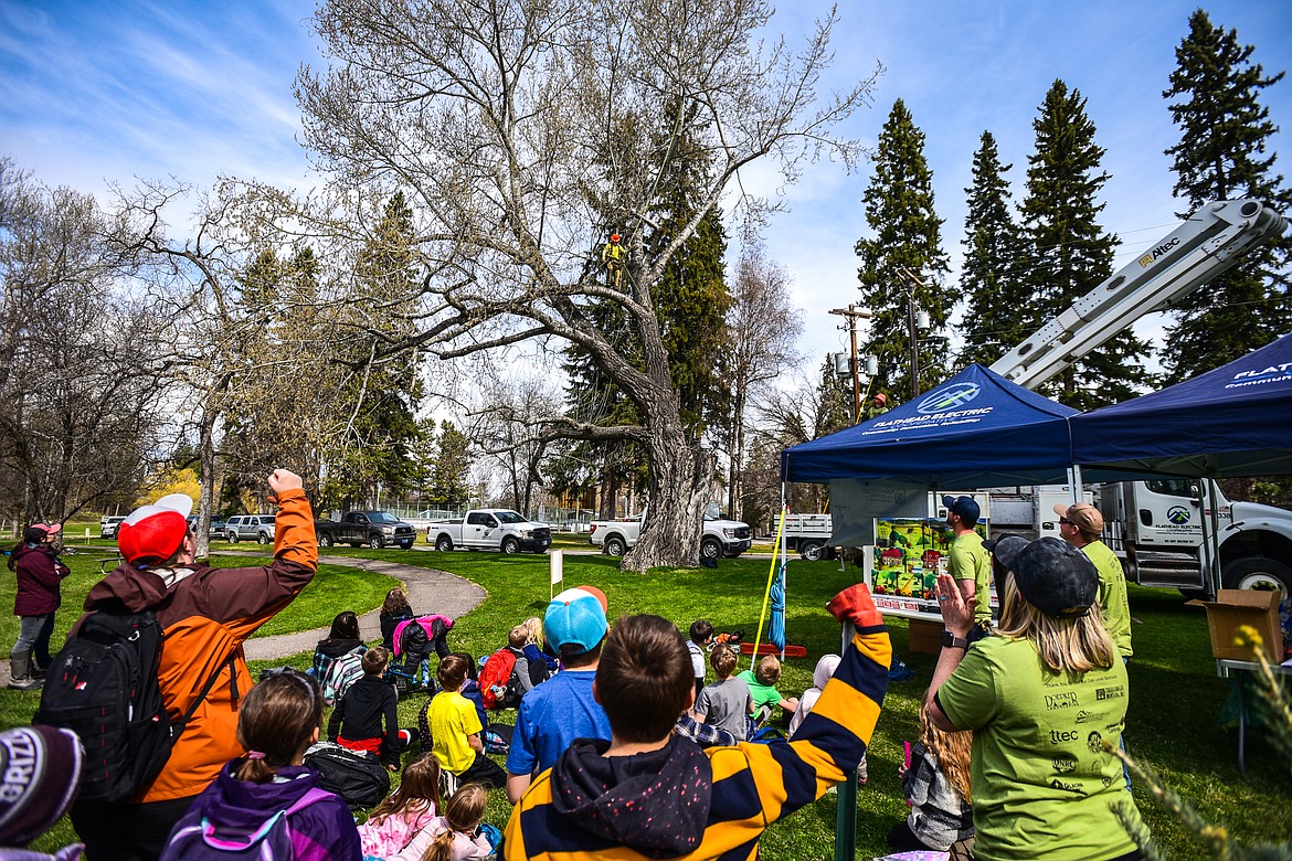 Rylan Smith, a journeyman tree trimmer with Flathead Electric Cooperative, stands on a tree limb during a climbing demonstration at the Arbor Day celebration at Woodland Park in Kalispell on Friday, April 29. (Casey Kreider/Daily Inter Lake)