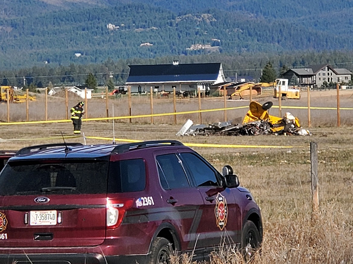 Multiple Flathead County agencies responded to the crash site of a small plane in the West Valley on Saturday. (Carol Marino/Daily Inter Lake)