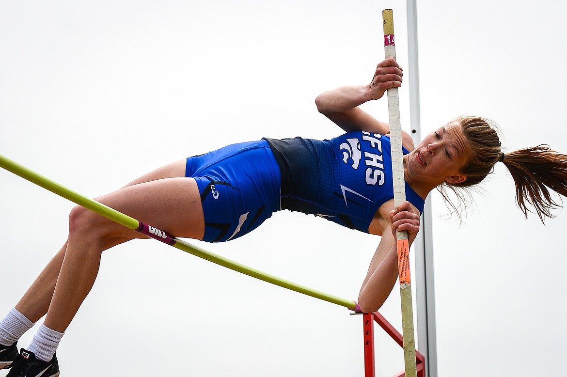Columbia Falls' Hannah Sempf clears 9 feet 6 inches in the pole vault at the Whitefish ARM Invitational on Saturday, April 30. (Casey Kreider/Daily Inter Lake)