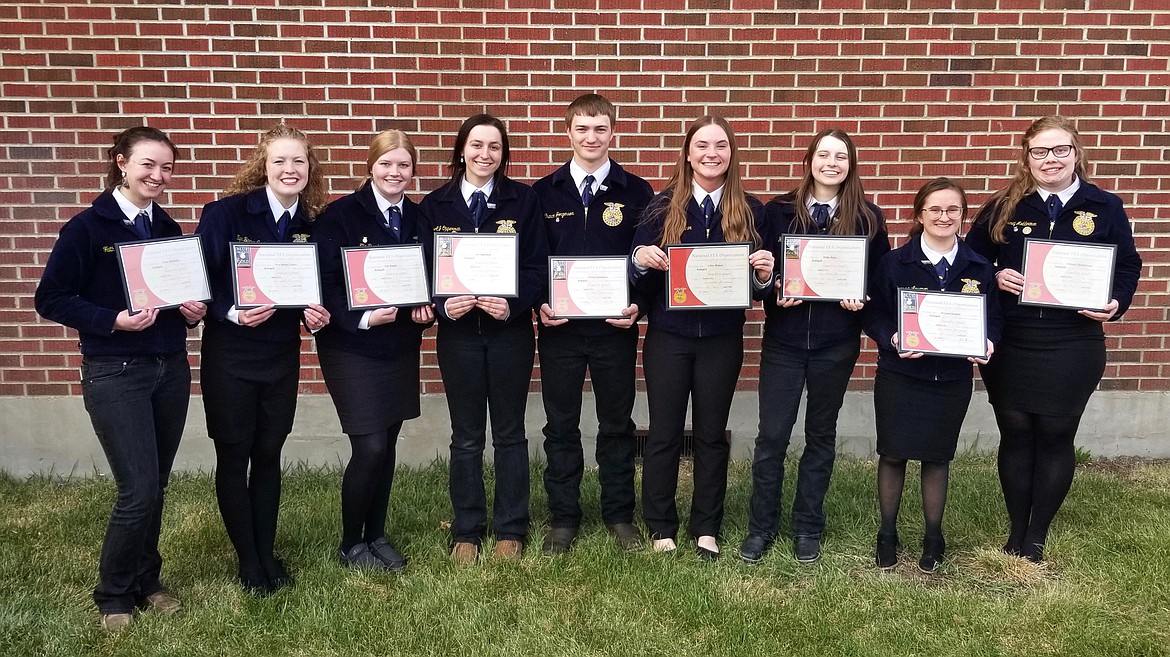 State degree recipients from the Kalispell FFA chapter include (L to R) Faith Eberhart, Nya Barber Castro, Ella Rauch, AJ Opperman, Chance Jorgensen, Libby Reiner, Hollie Estey, Jenessa Levanen, Delaney Modderman and Atlanta Waltman (not pictured).