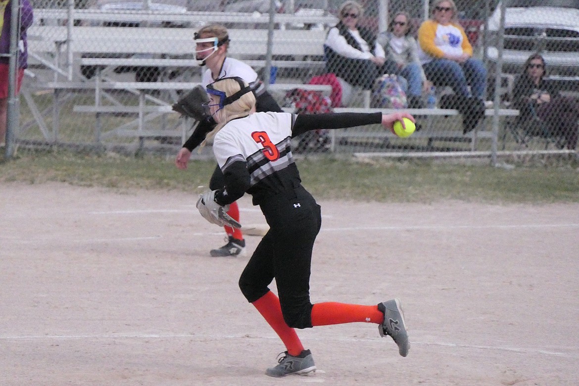 Plains pitcher Piper Bergstrom delivers a pitch during last weeks Plains/T Falls softball game in Thompson Falls. (Chuck Bandel/VP-MI)