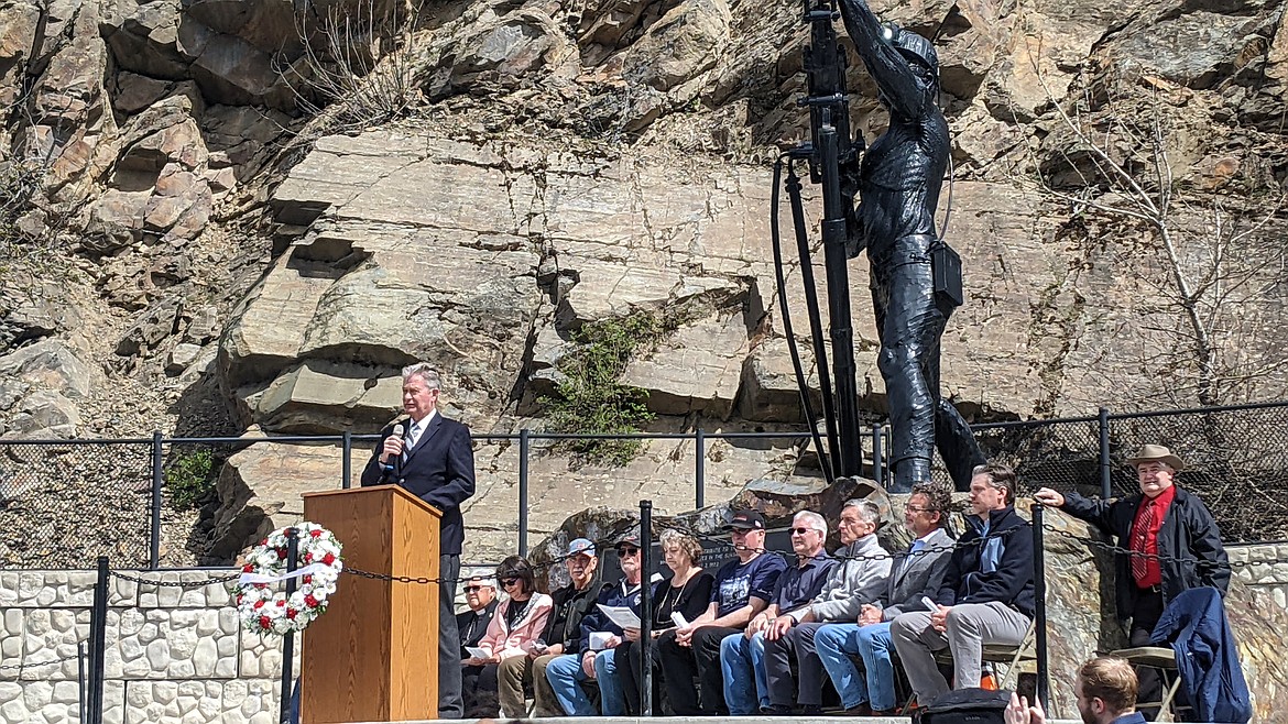 Gov. Brad Little speaking to the crowd at the 50th Anniversary of the Sunshine Mine Disaster.